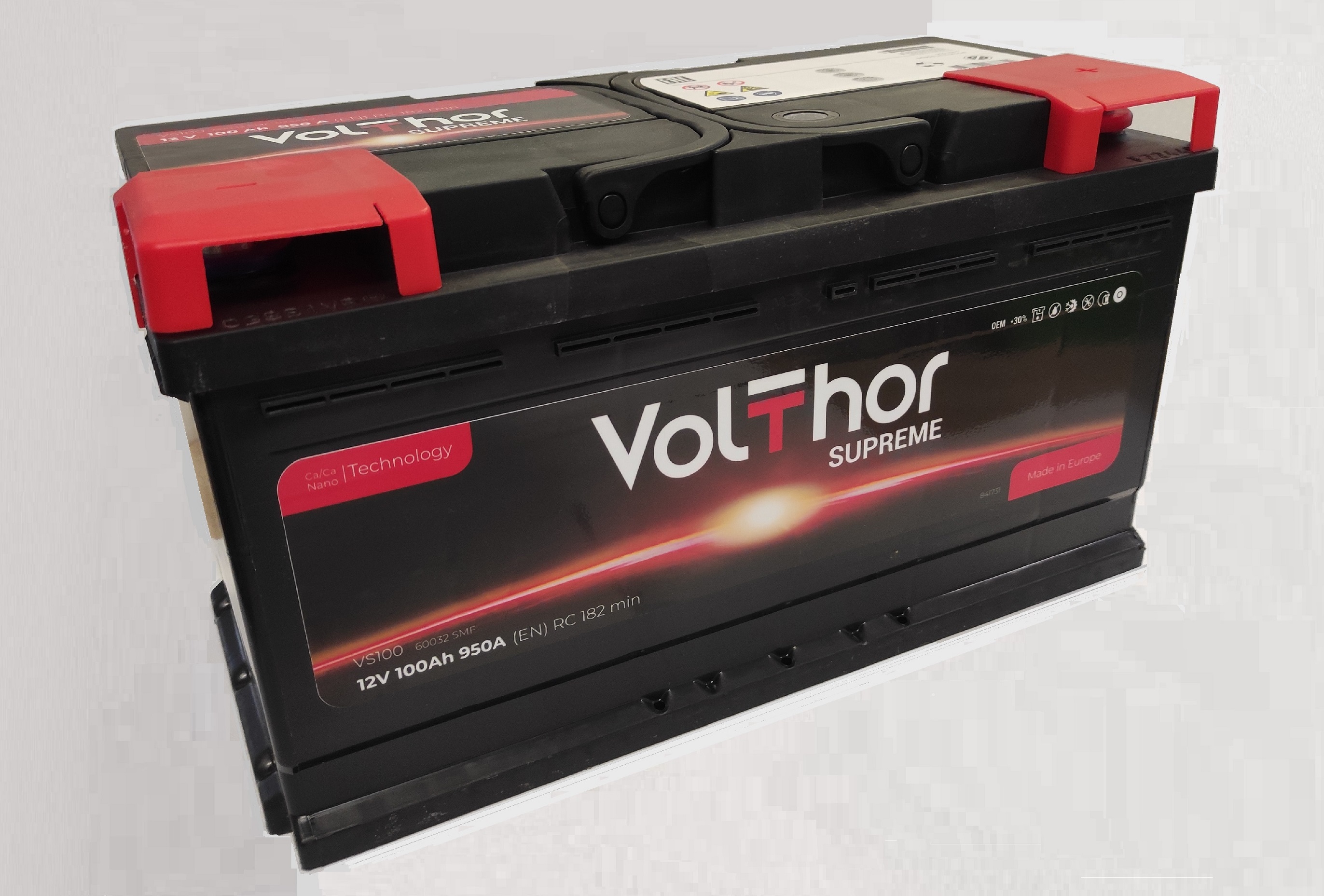 Акумулятор легковий VOLTHOR Supreme 100Ah, 12B, 950A плюс праворуч (R+) кальцієвий (Ca/Ca) 353X175X190мм (301001)